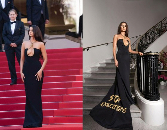 지난 26일(현지시각) 제76회 칸 영화제에서 이란의 사형 제도에 대해 경각심을 일깨우기 위해 '올가미 드레스'를 입고 등장한 이란계 미국인 모델 마흘라가 자베리(33).    마흘라가 자베리 인스타그램 캡처